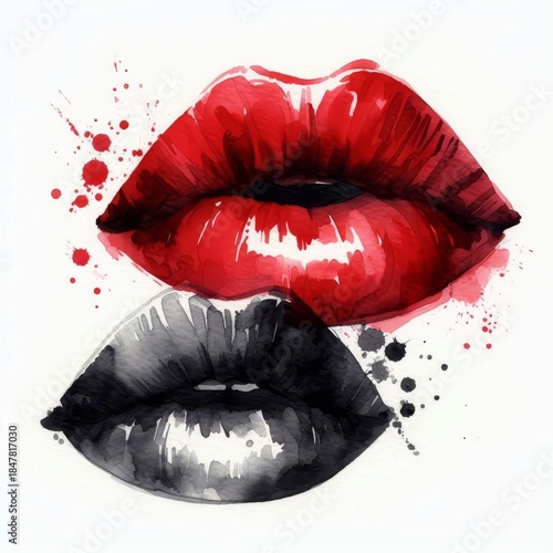 Watercolor illustration of red and black glossy lips with ink splashes, symbolizing passion, contrast, femininity, and modern art