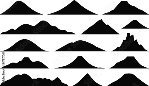 Fifteen Black Silhouette Illustrations of Mountains and Hills Keywords: mountain, mountains, hill, hills, silhouette, black