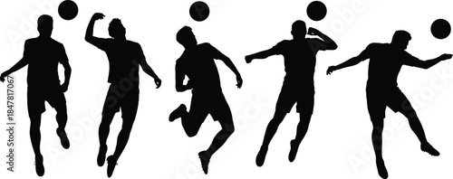 Five Black Silhouette Soccer Players in Action Jumping and Heading Ball Keywords: soccer, football, silhouette, black, white