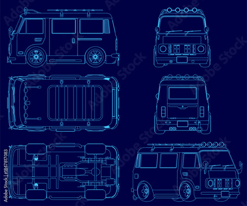 Blueprint outline of a minibus on a solid blue background, featuring a clean contour design. This technical drawing is ideal for transportation or planning concepts.