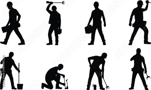 Silhouettes of Builders with Tools and Briefcase on White Background Keywords: builder, silhouette, man, male, worker