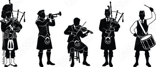 Scottish musician silhouette vector set, traditional instrument icons, cultural performance poses, flat cad drawing, editable outline, isolated graphic