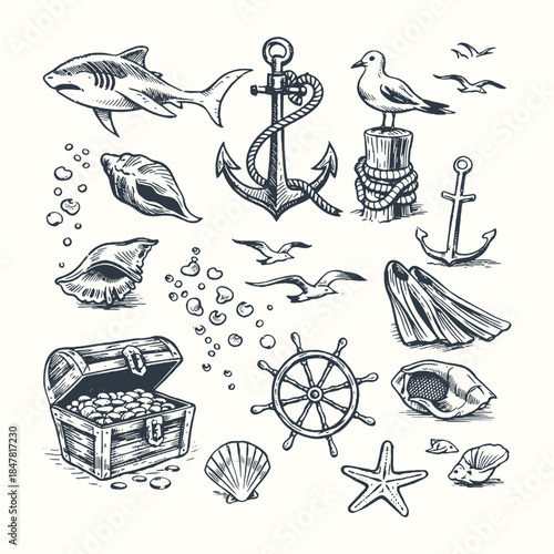 Nautical and Sea Life Illustration Vector Set in Hand Drawn Engraving Style, Black and White Marine Symbols Collection