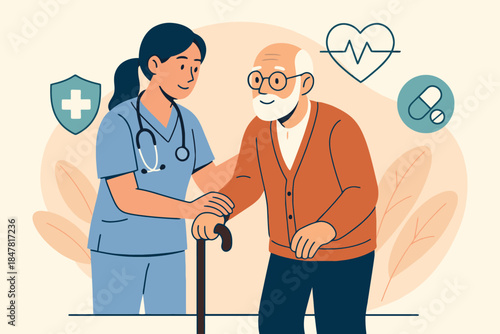 Nurse Assists Elderly Man with Cane and Medical Care