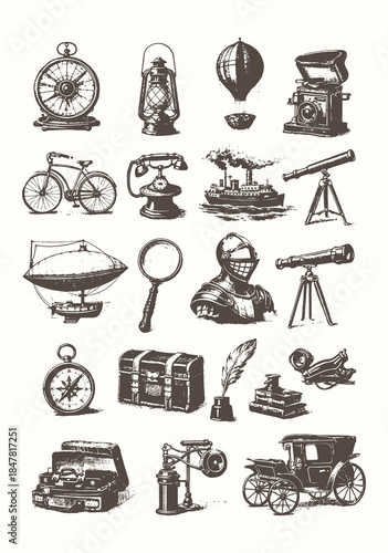 Vintage Travel and Exploration Illustration Vector Set in Hand Drawn Engraving Style, Black and White Adventure Icons Collection