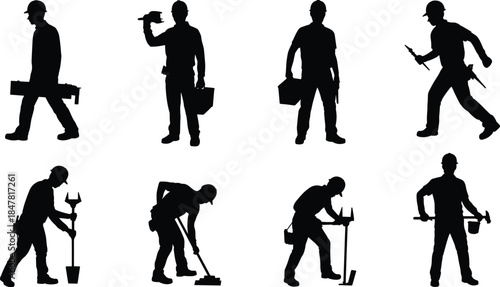 Silhouettes of construction workers with tools and equipment on white background builder