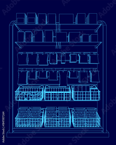 A blueprint of a refrigerator with a detailed contour holds various items like clothes and snacks on its labeled shelf against a deep blue background.