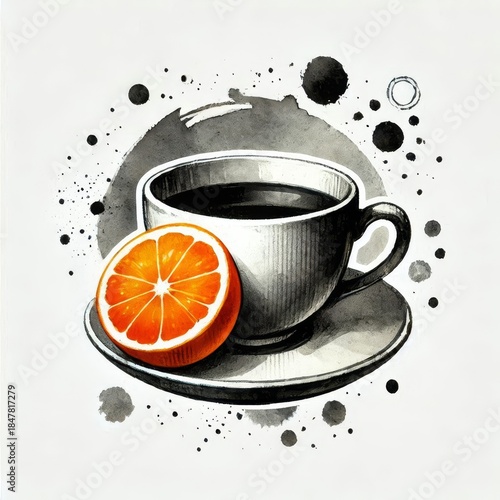 Watercolor illustration of black coffee in white cup with orange slice, ink splashes and textured background on white surface