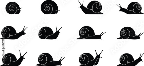 Snail silhouette vector set, crawling snail icons, spiral shell illustration, flat cad drawing, editable outline, isolated animal graphic