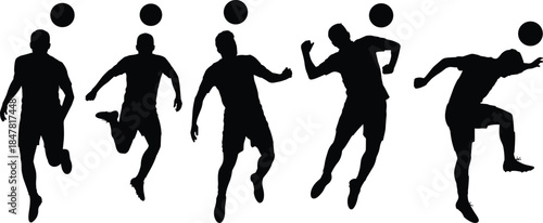 Silhouettes of Soccer Players Heading a Ball in Mid- Air on White Background Keywords: soccer player, silhouette, man, male