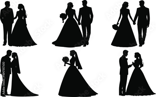 Six Black Silhouette Bride and Groom Poses with Bouquets on White Background wedding couple