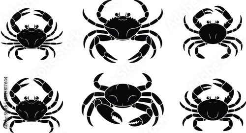 Six Black Silhouette Crabs Facing Forward on White Background vector illustration