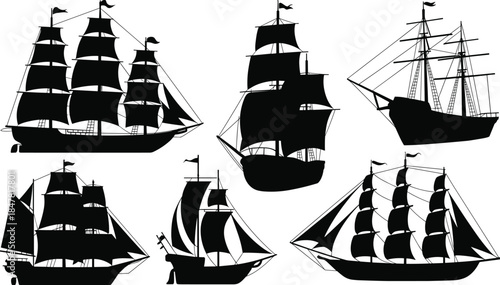 Six black silhouette sailing ships and galleons with full sails Keywords: ship, boat, sailing, vessel, galleon, tall ship