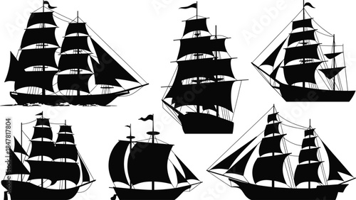 Six Black Silhouette Sailing Ships with Full Sails on White Background sailboat