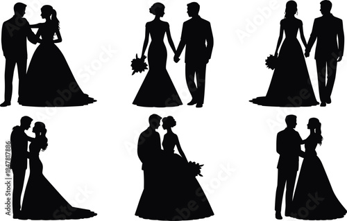 Six Black Silhouette Wedding Couples Holding Hands and Bouquets on White Background bride groom