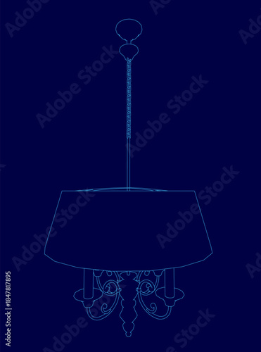 A vintage blue chandelier with a clean contour hangs elegantly from the ceiling against a dark blue background.