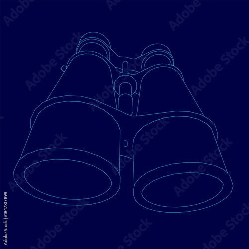 Vintage binoculars with a white contour outline rest on a stark dark blue background. The high-contrast composition creates a clean and distinct graphic look.