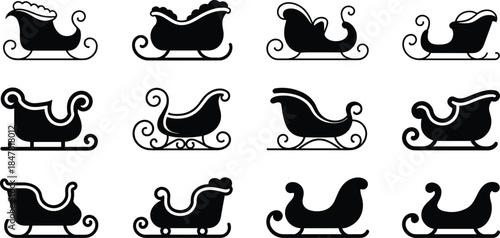 Twelve black silhouette icons of Santa's sleigh in different decorative styles Christmas