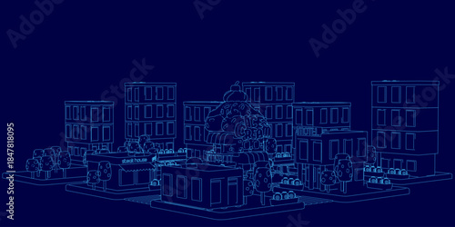 A minimalist blue contour drawing of a town features buildings, trees, and an ice cream shop against a dark background.