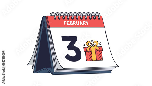 Illustrated desk calendar showing February 3rd with a festive gift box symbolizing a special event or birthday celebration on a pure white background.
