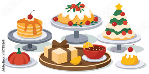 Desserts cakes sweets food holiday christmas celebration party festive delicious treats, perfect for seasonal branding, greeting cards, party invitations, menus, festive packaging,