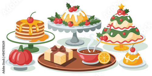 Desserts cakes sweets food holiday Christmas celebration party festive delicious treats, featuring colorful pastries, baked goods, seasonal sweets, festive cakes, cookies, and joyful holiday dessert 