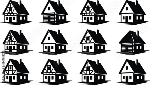 Traditional House Silhouettes Collection Isolated on White Background Featuring Cottage, Chalet, Rural Architecture and Home Design Icons Set