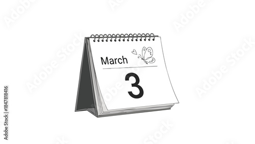 Elegant calendar graphic displaying March 3rd, adorned with a delicate butterfly and hearts. Perfect for spring event planning and daily schedule
