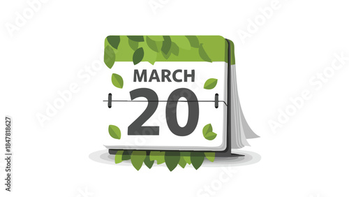 A spring-themed calendar displaying March 20, accented with vibrant green leaves, symbolizing seasonal change and renewal