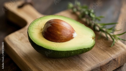 Freshly cut avocado half on wooden board