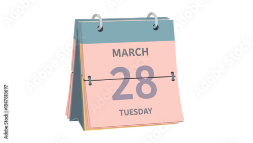 A contemporary digital illustration of a pastel-colored desk flip calendar prominently displaying March 28th and Tuesday, ideal for time management
