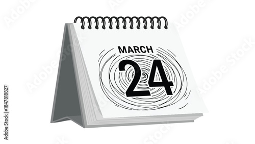 Contemporary desk calendar displaying March 24 with a dynamic spiral design, an ideal visual for scheduling, important dates, and time management