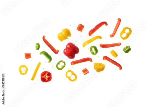 Vibrant Chopped Bell Peppers Scattered - Fresh Culinary Ingredient Isolated on Transparent Background
