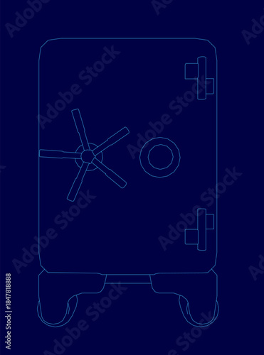 A vintage safe blueprint with a white contour outline rests on a dark blue background. The stark contrast creates a clean and technical aesthetic.