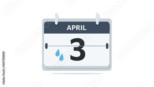 April 3rd calendar display with clear blue raindrops indicating a rainy weather forecast for the specific date a simple modern icon of an important