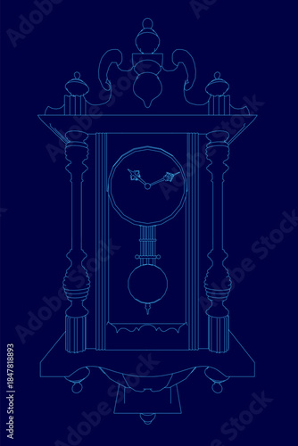 A vintage wall clock contour in blue and white features a pendulum and Roman numerals on a deep blue background.