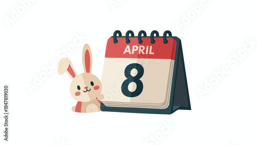 Adorable stylized rabbit character cheerfully highlights the eighth day of April on a desk calendar, symbolizing seasonal events, joyful reminders,
