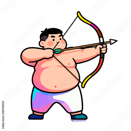 [Vector EPS]Chubby man aiming with a colorful bow and arrow