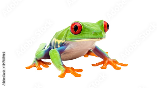This image depicts a vibrant red-eyed tree frog with striking orange feet against a transparent background.