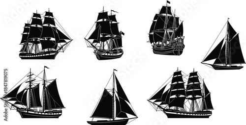 Vintage Sailing Ship Silhouettes Collection Isolated on White Background, Classic Nautical Maritime Illustration for History and Ocean Themes