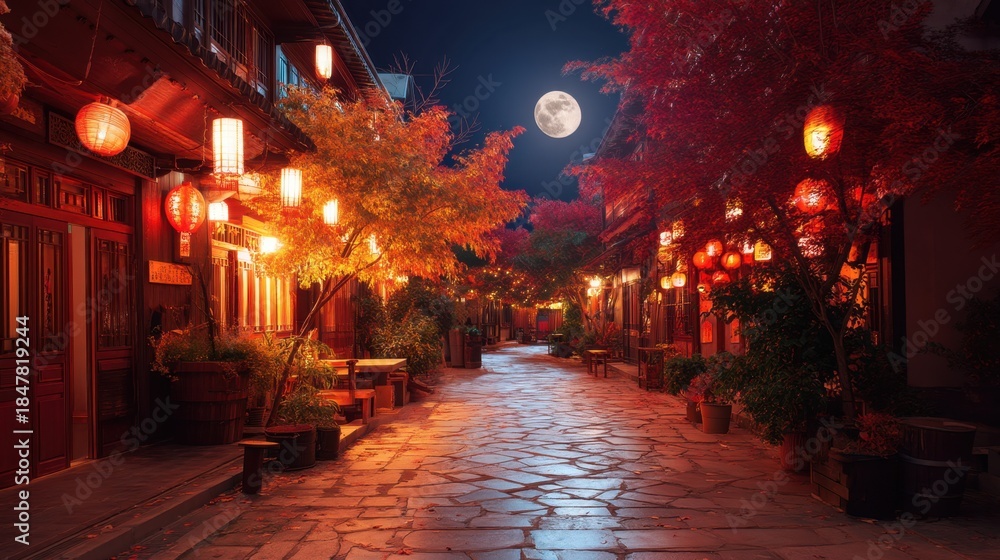 Fototapeta premium Traditional asian street at night with glowing lanterns and colorful autumn trees under a bright full moon for travel and culture.