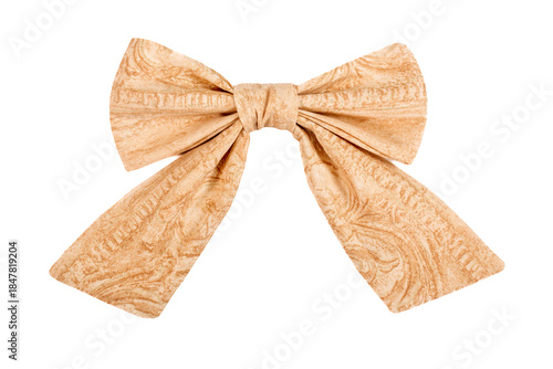 Gold Ribbon bow shiny satin with Christmas ornaments for decorating wedding invitation card, greeting card or gift box on white background.