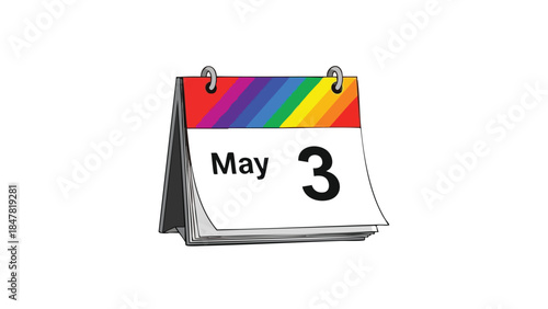 Colorful tabletop calendar displaying the third day of May with vibrant rainbow hues across its top edge, symbolizing diverse schedule planning and