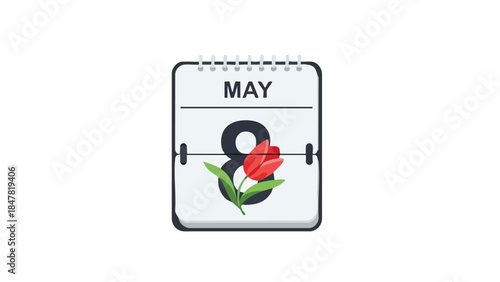 Delightful calendar illustration featuring the eighth day of May, adorned with a vibrant red tulip, perfect for signifying significant spring