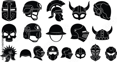 Warrior helmet icon set featuring medieval, fantasy and modern protective headgear silhouettes in black vector illustration isolated design