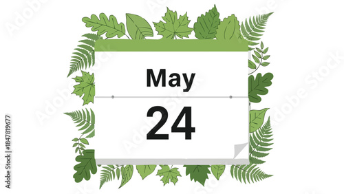 A vibrantly illustrated calendar page highlighting the specific date of May 24, beautifully encircled by an abundant assortment of lush green
