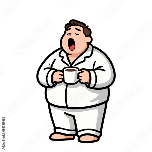 [Vector EPS]A man in pajamas yawning while holding a cup of coffee