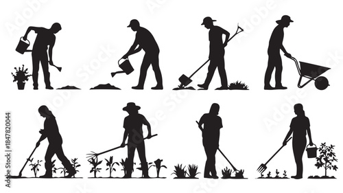Gardener Silhouettes in Various Gardening Activities with Black and White Illustration for Agricultural Design