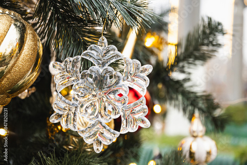 Christmas tree decorated iced snowflake baubles. Xmas holiday card
