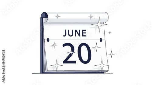 A pristine, modern calendar page illustration vividly highlighting the date June 20, rendered with elegant lines and subtle sparkling starburst